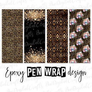 Könnte beinhalten: Vier Epoxy-Stift-Wrap-Designs. Die Designs umfassen einen goldenen Leopardenmusterdruck, goldenen Glitzer auf Schwarz, ein gold-braunes geometrisches Muster und ein Schädelmuster mit Blumenkränzen. Der Text "Epoxy PEN WRAP design" befindet sich unten.