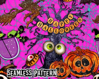 SEAMLESS Happy Halloween pumpkin bat witch spider skull digital fabric design Spooky printable PNG paper download