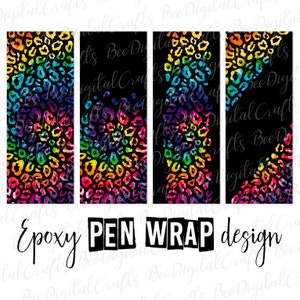 Könnte beinhalten: Vier digitale Designs mit einem Regenbogen-Ombre-Leopardenmuster auf schwarzem Hintergrund. Der Text "Epoxy PEN WRAP design" befindet sich am unteren Rand des Bildes.