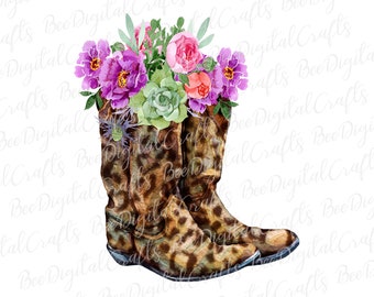 May include: A pair of brown and black leopard print cowboy boots with a bouquet of pink, purple, and green flowers in the top of the boots.