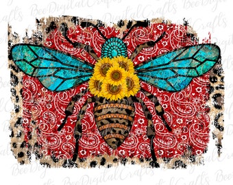Sunflower bee sublimation design Turquoise and leopard PNG download Western printable transfer