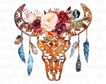 Floral bull with feathers sublimation design Western cow PNG download Boho design digital tsansfers