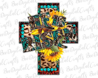 May include: A turquoise, brown, and yellow cross with the words "He is Risen" in the centre. The cross is decorated with sunflowers, leopard print, and turquoise beads.