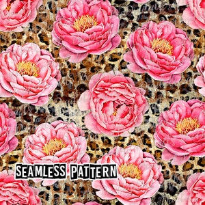 SEAMLESS pattern leopard peon Summer flower digital fabric design Cheetah print printable PNG paper download