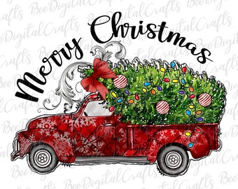 Merry Christmas PNG download Christmas tree truck sublimation design Buffalo plaid truck printable transfer
