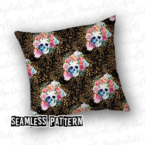 Art &amp; Collectibles Boho Skulls Digital Paper seamless floral skull ...