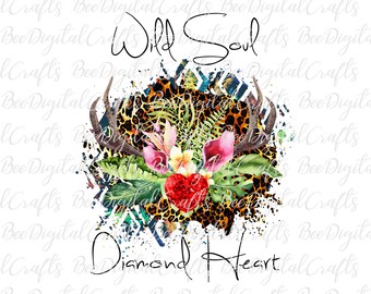 Wild soul diamond heart PNG download Watercolor sublimation graphics Floral t-shirt digital design
