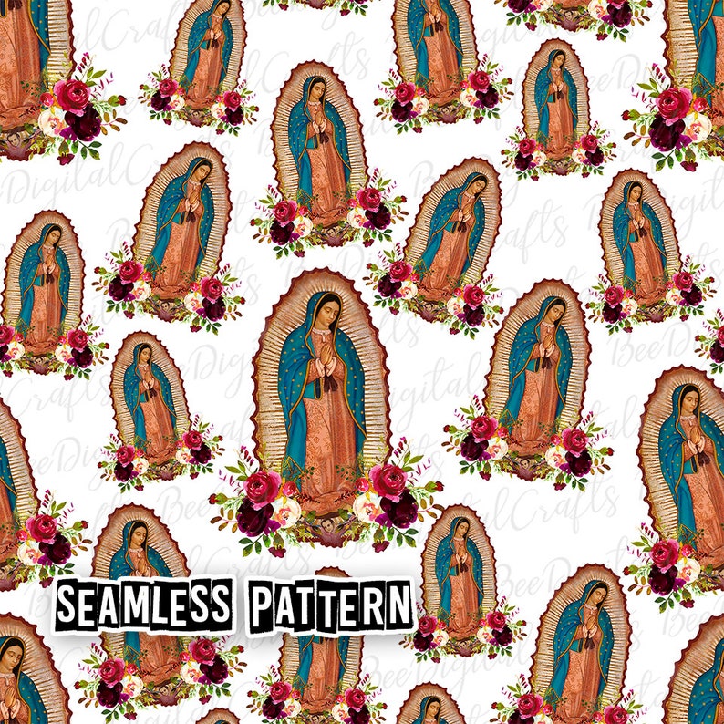 May include: A seamless pattern featuring a repeating image of Our Lady of Guadalupe, a religious figure, surrounded by burgundy, white, and cream colored flowers. The background is white.
