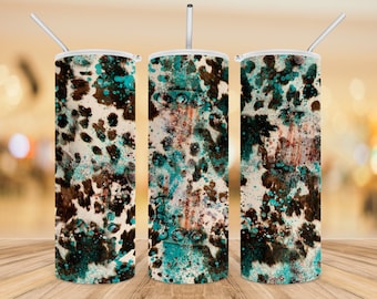 SEAMLESS cowhide and teal rustic tumbler sublimation design, 20 OZ skinny tumbler PNG file, digital prints