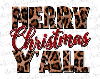 Merry Christmas y'all PNG download Leopard print buffalo plaid sublimation design Western Christmas printable transfer