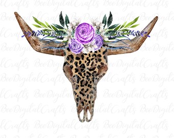 Bull skull PNG sublimation download Floral skull digital PNG design Leopard print cheetah print sublimation graphic