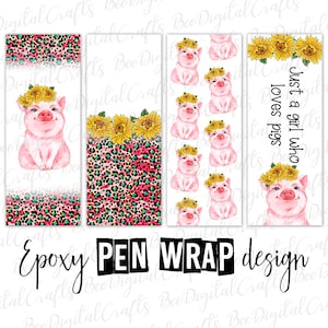 May include: Four digital designs featuring pink pigs wearing sunflower crowns. The designs include a pink and black leopard print, a white background with repeating pigs, and a white background with the text "Just a girl who loves pigs".