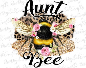 Tante Bee Sublimation Design Glitzer Leopard mit Blume PNG download Floral Bee printable transfer