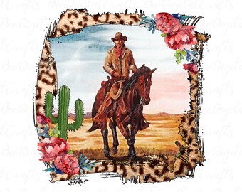 Vintage cowboy sublimeringsdesign västerländsk grafik PNG nedladdning leopardmönster och kaktus digitala överföringar