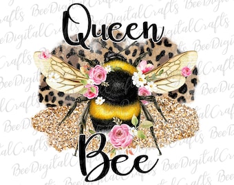 Queen Bee Sublimation Design Glitzer Leopard mit Blume PNG download Floral Bee printable transfer