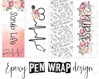 Nurse pen wrap template Scrub life ink joy wrap download Stethoscope flower epoxy pen wrap digital design