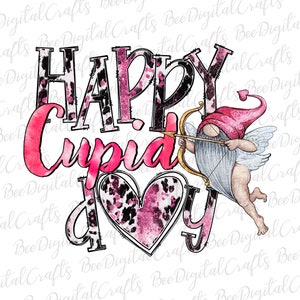 Happy cupid day PNG download Valentine gnome sublimation design Cowhide pink glitter love printable transfer