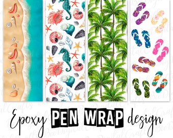 Summer pen wrap template Beach ink joy wrap download Seashells palms and flip flops epoxy pen wrap digital design