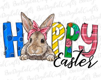 Hoppy Easter bunny with bandana PNG download Watercolor cute animal sublimation design Hand drawn rabbit printable transfer