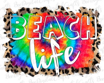 May include: A colorful tie-dye background with a white outline of the text "BEACH life" on top of a leopard print background.