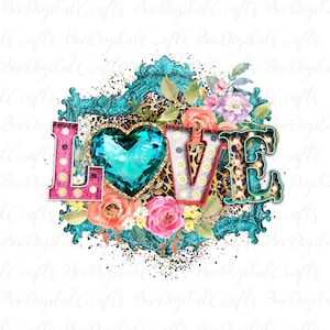 Love letters with flowers sublimation design Teal floral frame PNG download