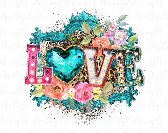 Love letters with flowers sublimation design Teal floral frame PNG download