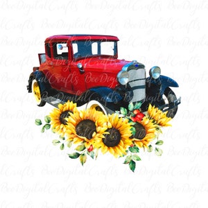 Watercolor car sublimation download Sunflower PNG sublimation design Retro car PNG