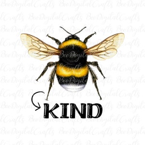 May include: A black and yellow bumblebee with wings spread out, flying towards the word "KIND" in black text.