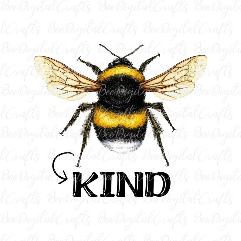 May include: A black and yellow bumblebee with wings spread out, flying towards the word "KIND" in black text.