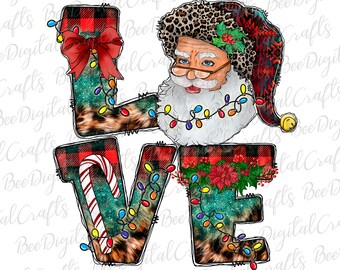 Christmas love PNG download Western Santa Claus sublimation design Leopard buffalo plaid printable transfer