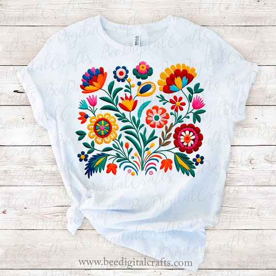 Mexican Flowers Faux Embroidery T Shirt Design PNG Digital