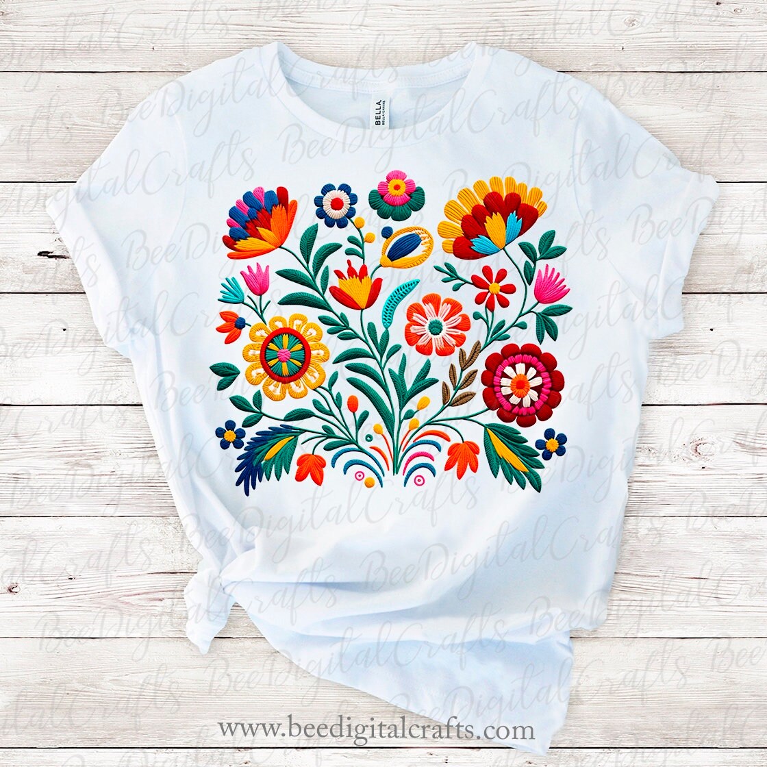 Mexican Flowers Faux Embroidery T Shirt Design PNG Digital
