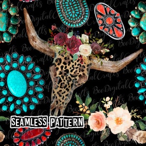 SEAMLESS pattern leopard bull skull and turquoise design Western digital fabric design Floral aztec gemstone printable paper download