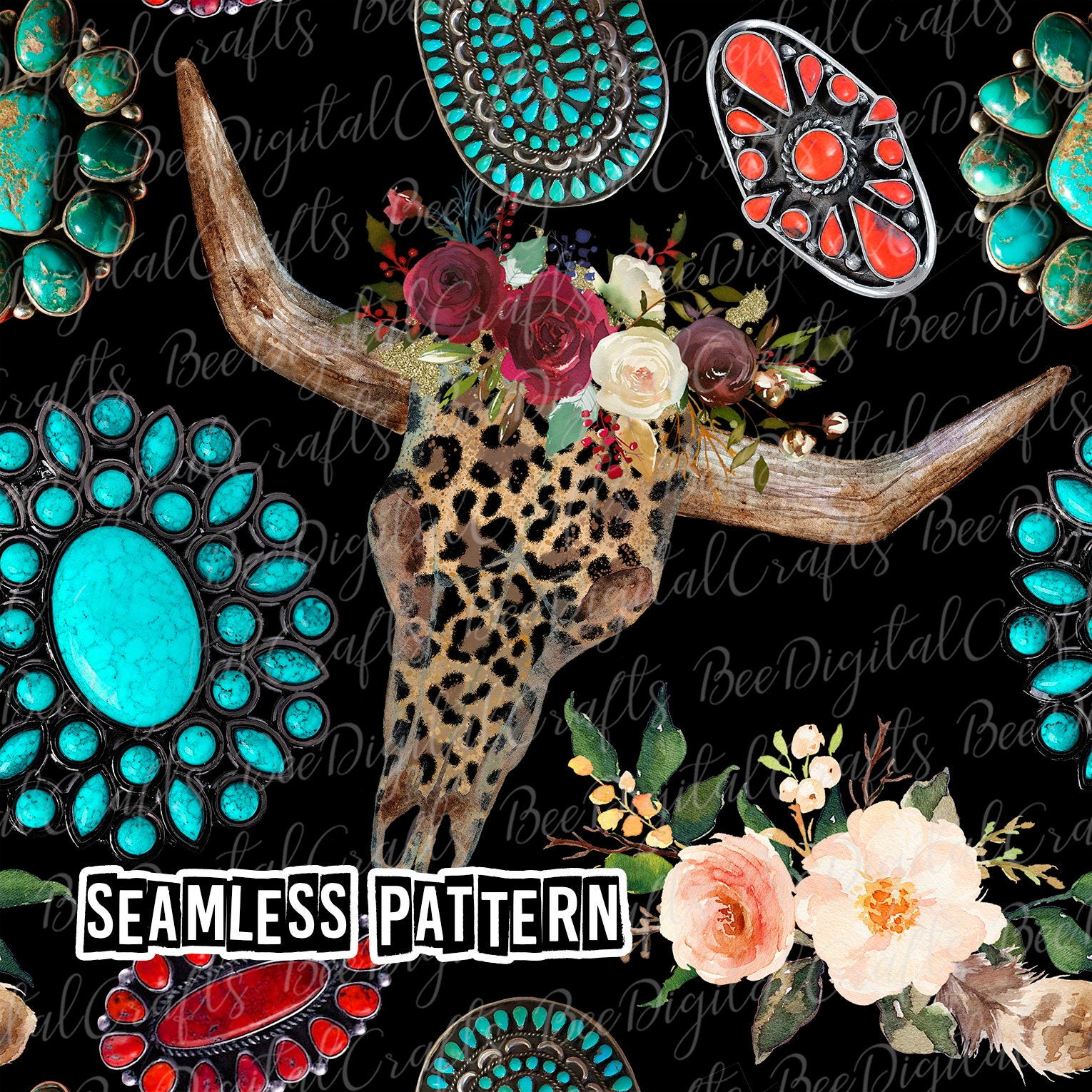 SEAMLESS Pattern Leopard Bull Skull and Turquoise Design