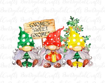 May include: Three gnomes with white beards and red, green, and yellow hats are sitting with small Christmas trees. The gnome in the middle is holding a gift box. A wooden sign above them reads "GNOMES SWEET GNOMES".