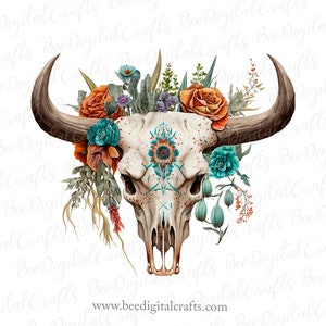 Boho cow skull PNG download Bull skull flower sublimation design Western floral printable transfer Digital download