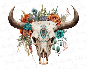 Boho cow skull PNG download Bull skull flower sublimation design Western floral printable transfer Digital download