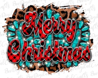 May include: Red and black buffalo plaid "Merry Christmas" text with turquoise and white accents. The text is surrounded by a brown and black leopard print background.