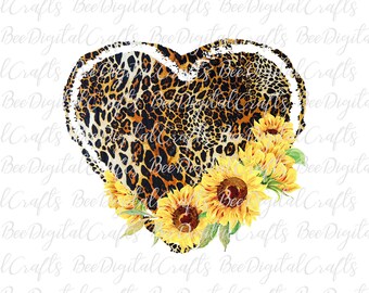 Puede incluir: Un diseño en forma de corazón con un estampado de leopardo y un contorno blanco. El corazón está rodeado de un grupo de girasoles amarillos con hojas verdes.