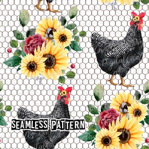 SEAMLESS pattern chicken with sunflower Farm animal digital fabric design Hen printable paper download