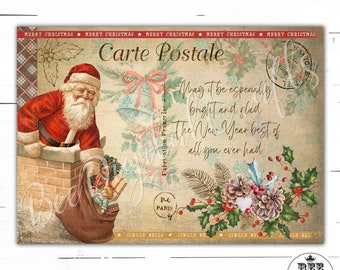Christmas Post Card Collage Sheets, Vintage Christmas Printable Images, Vintage Santa Graphics, Digital Download, Printable Graphic Transfer