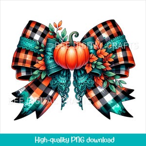 May include: A large orange pumpkin with a green stem sits in the center of a black and orange plaid bow with teal lace accents and green leaves.