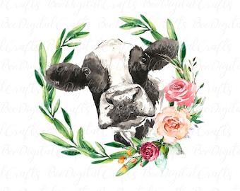 Cow PNG file for sublimation Watercolor farm animal with flower wreath digital transfer Heifer PNG download