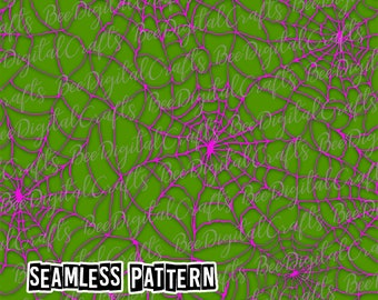 May include: A seamless pattern featuring a repeating design of pink spiderwebs on a bright green background. The pattern is ideal for use in crafting projects, such as fabric, paper, or digital designs.