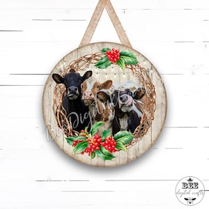 Christmas door hanger digital design Round door sign download Cows digital PNG sublimation