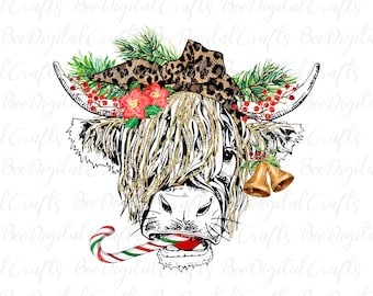 Christmas cow sublimation download Highland cow digital PNG design Christmas PNG sublimation graphics