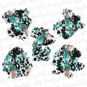 May include: Five abstract digital paper designs featuring a teal, black, and white leopard print pattern. The designs are isolated on a white background.