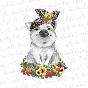 Pig in bandana with strawberry and flower PNG download Monochrome farm animal sublimation design Printable transfer