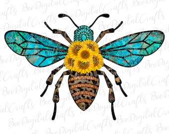 Sunflower bee sublimation design Turquoise and leopard PNG download Western printable transfer
