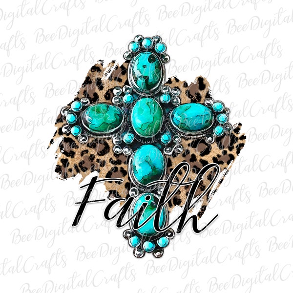 Faith cross PNG download Western leopard sublimation design Turquoise cross waterslide digital download